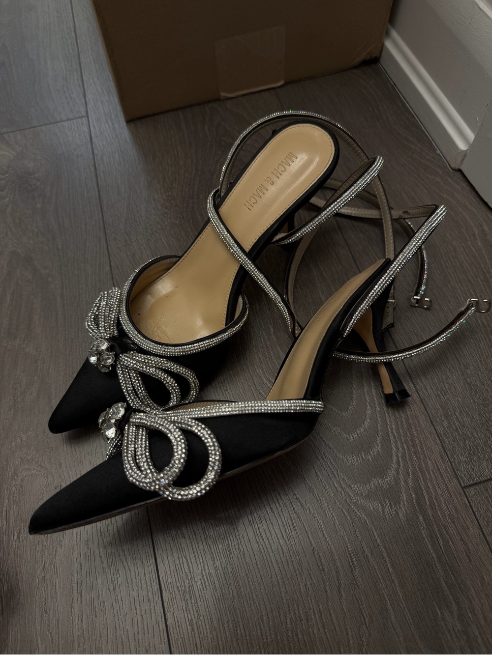 Black Satin Pointed Crystal-Embellished Slingback Heels - Picture 2 of 5
